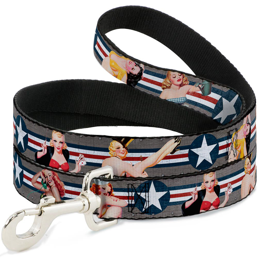 Dog Leash - Pin Up Girl Poses CLOSE-UP Star & Stripes Gray/Blue/White/Red Dog Leashes Buckle-Down