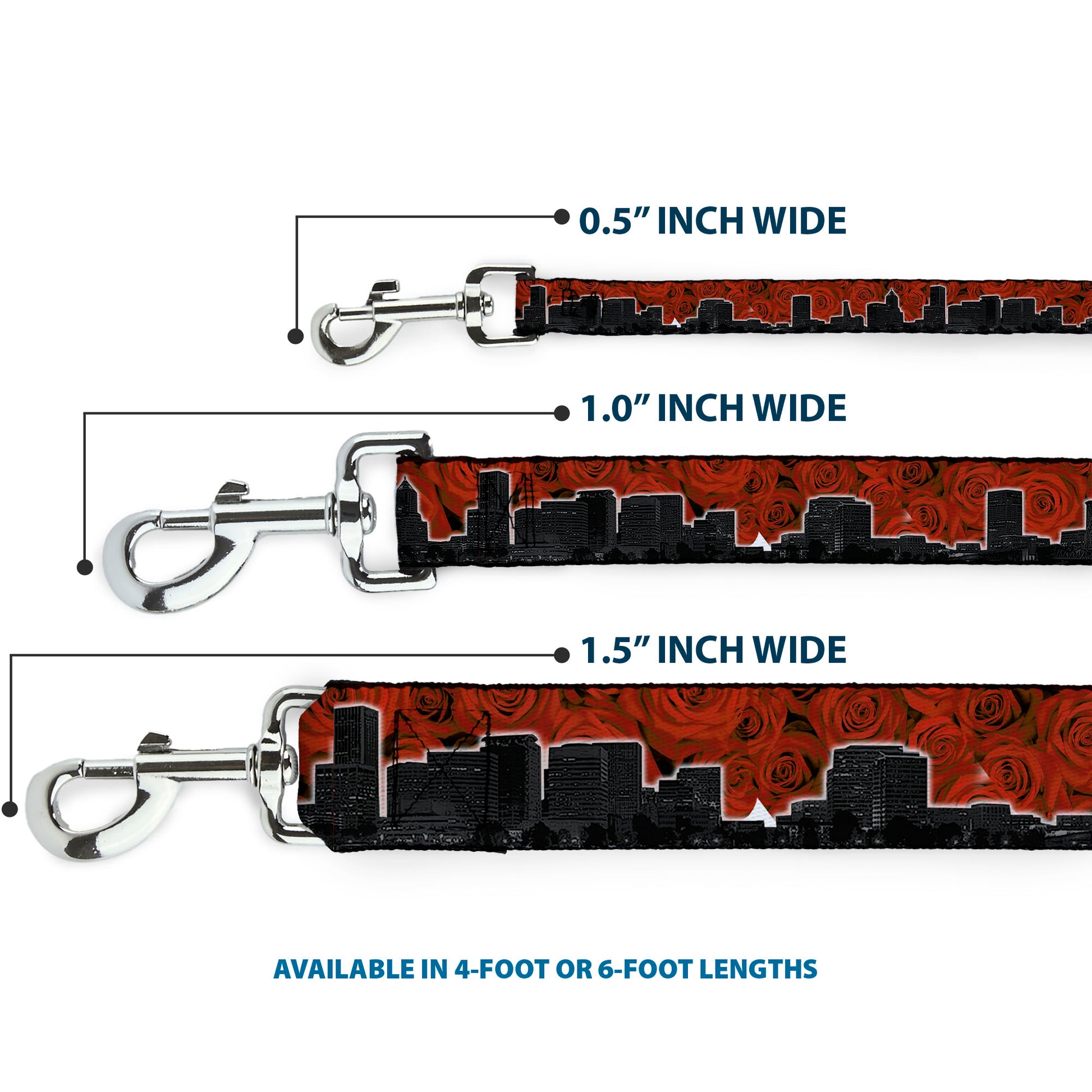 Dog Leash - Portland Vivid Skyline Red Roses/Black Dog Leashes Buckle-Down