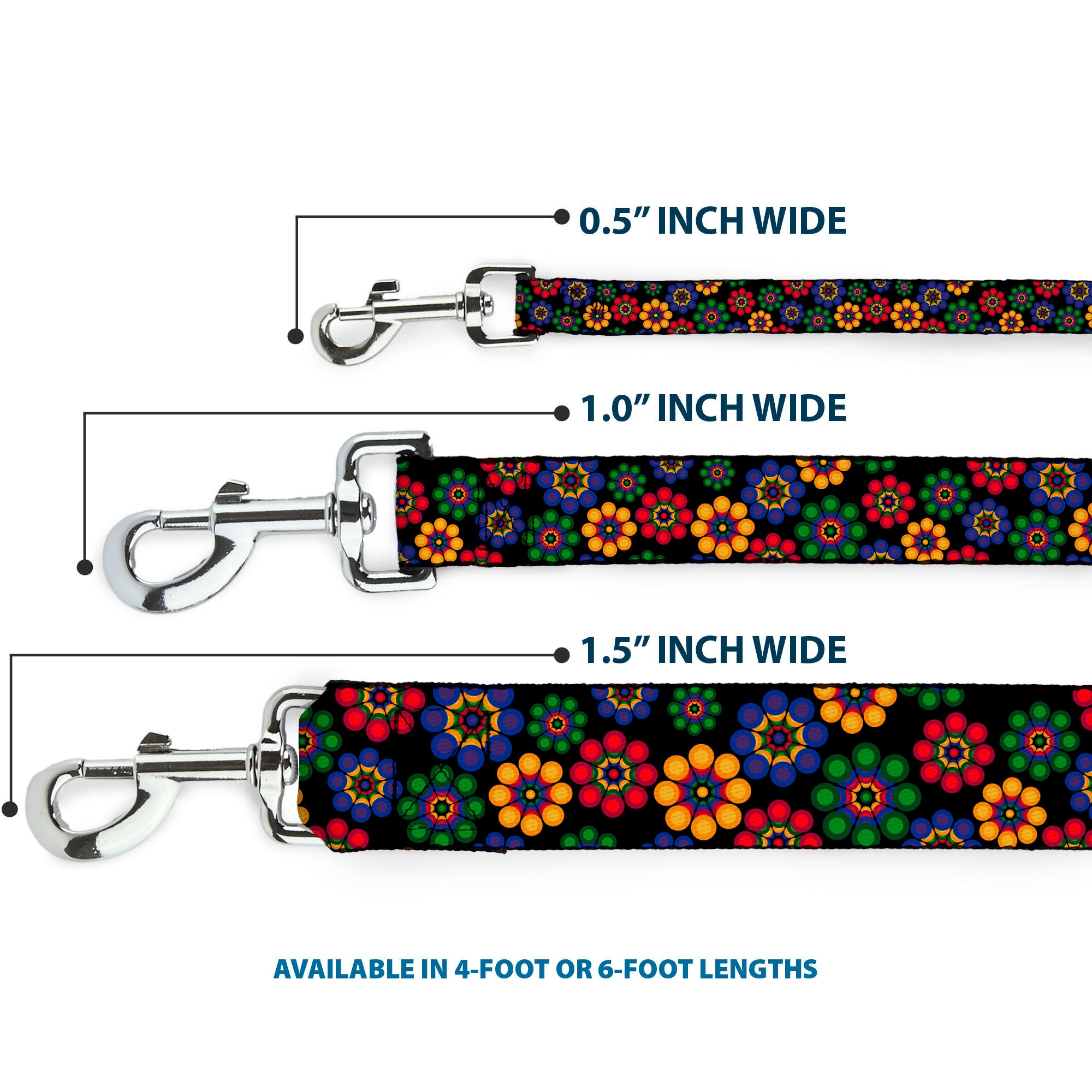 Dog Leash - Psychedelic Daisies Black/Multi Color Dog Leashes Buckle-Down