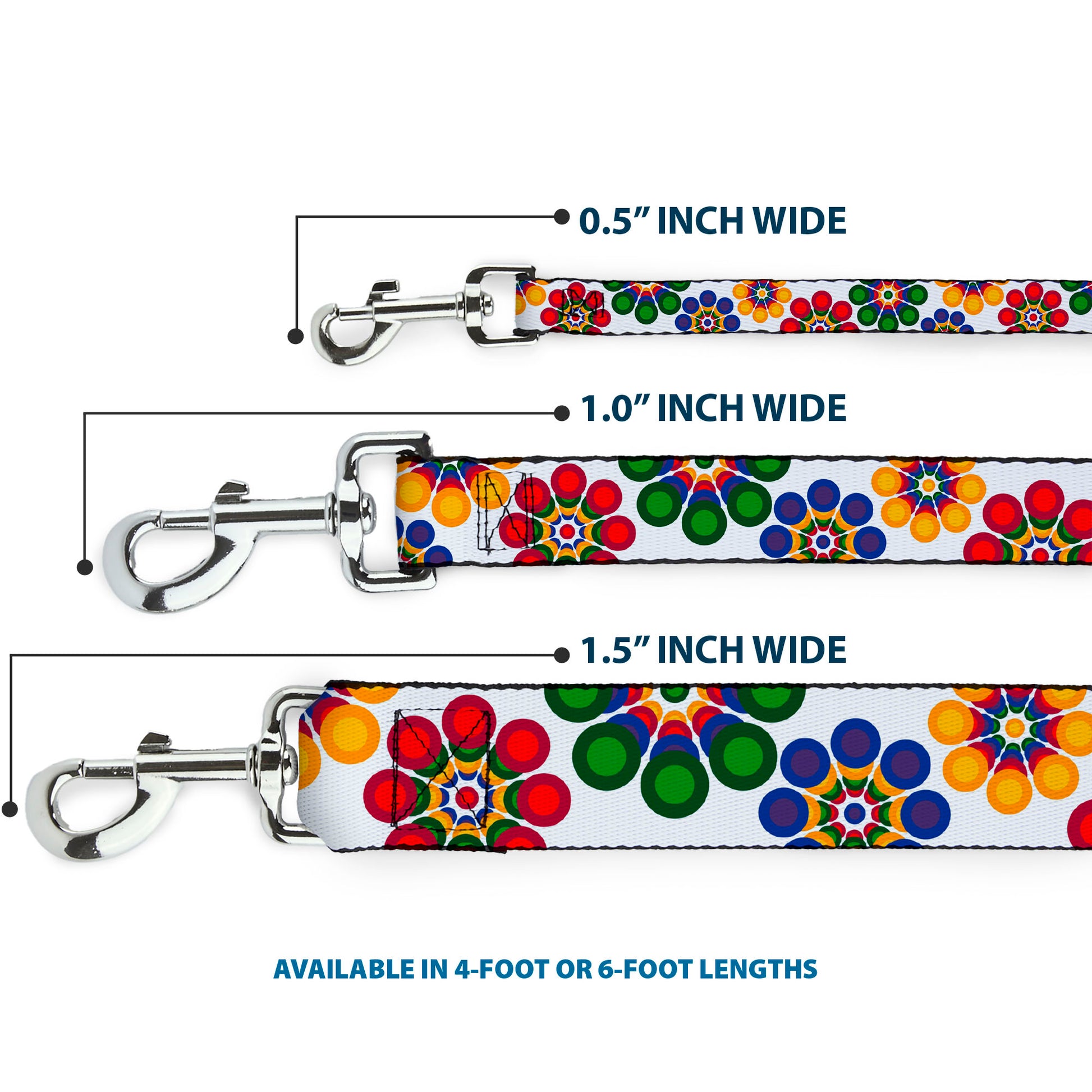 Dog Leash - Psychedelic Daisies CLOSE-UP White/Multi Color Dog Leashes Buckle-Down