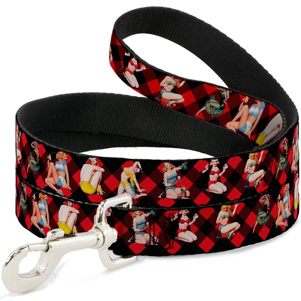 Dog Leash - Pin Up Girl Poses Buffalo Plaid Blocks Black/Red Dog Leashes Buckle-Down
