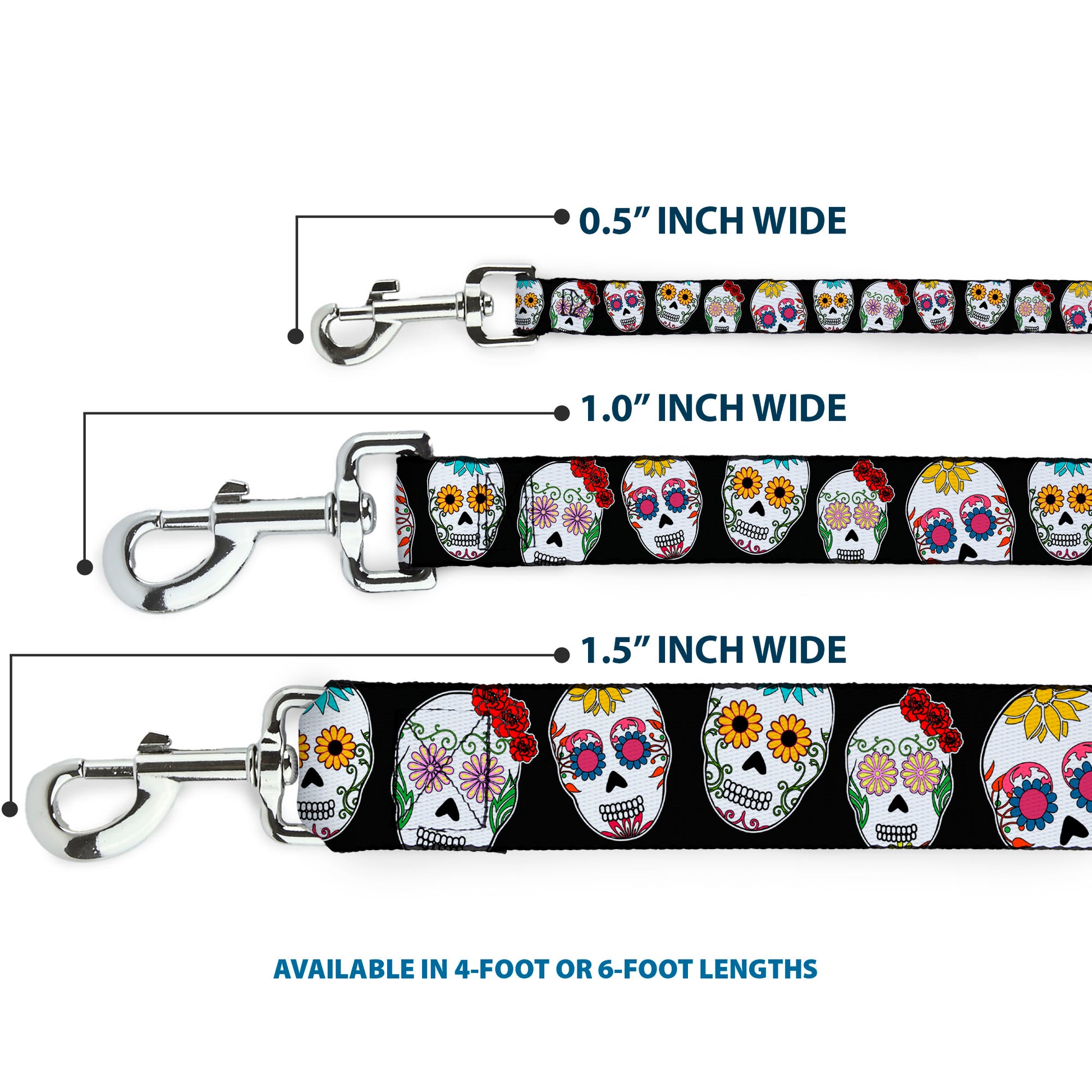 Dog Leash - Sugar Skull Outline Black/Multi Color Dog Leashes Buckle-Down