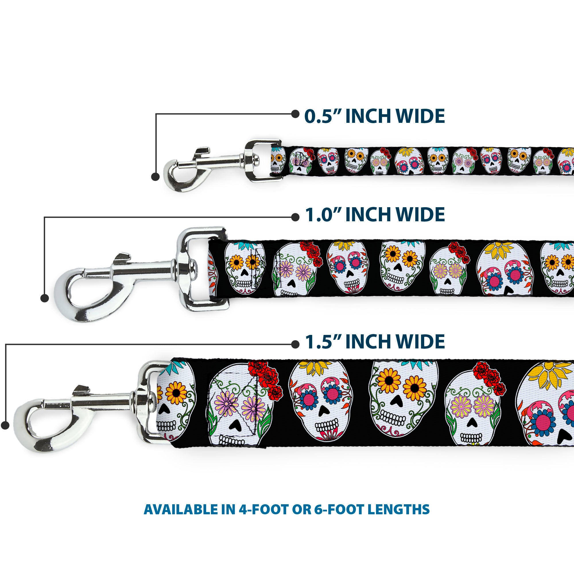 Dog Leash - Sugar Skull Outline Black/Multi Color Dog Leashes Buckle-Down