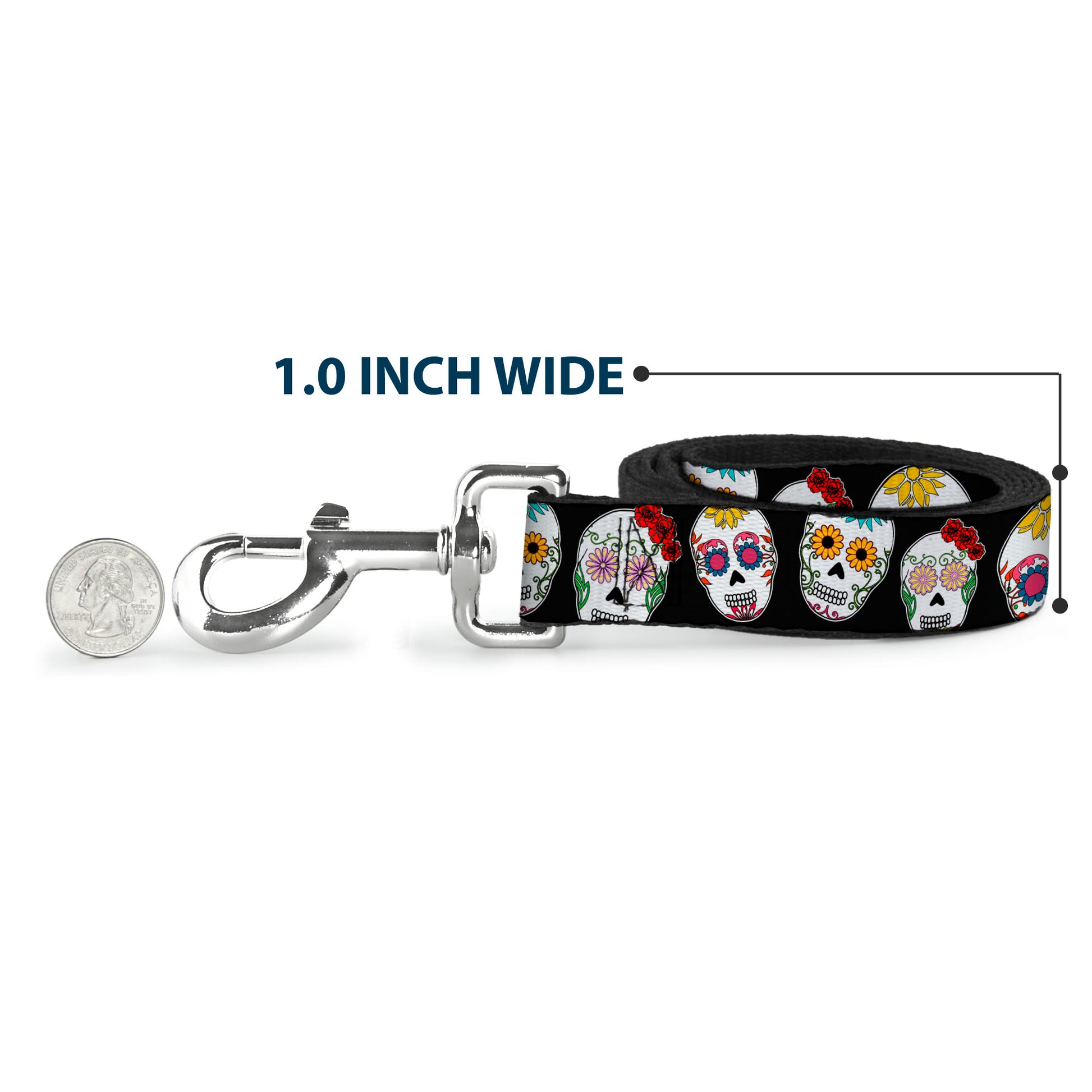 Dog Leash - Sugar Skull Outline Black/Multi Color Dog Leashes Buckle-Down
