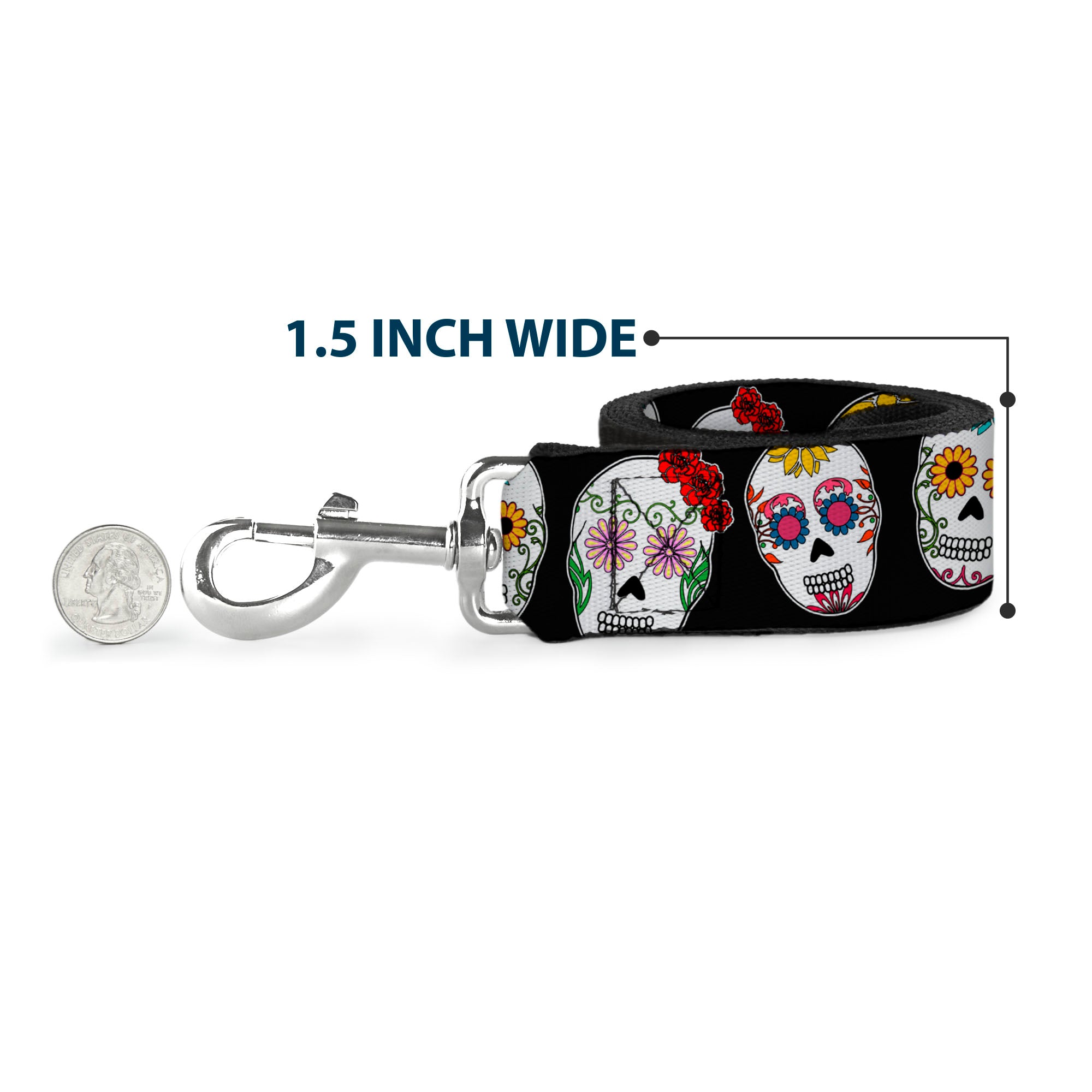 Dog Leash - Sugar Skull Outline Black/Multi Color Dog Leashes Buckle-Down