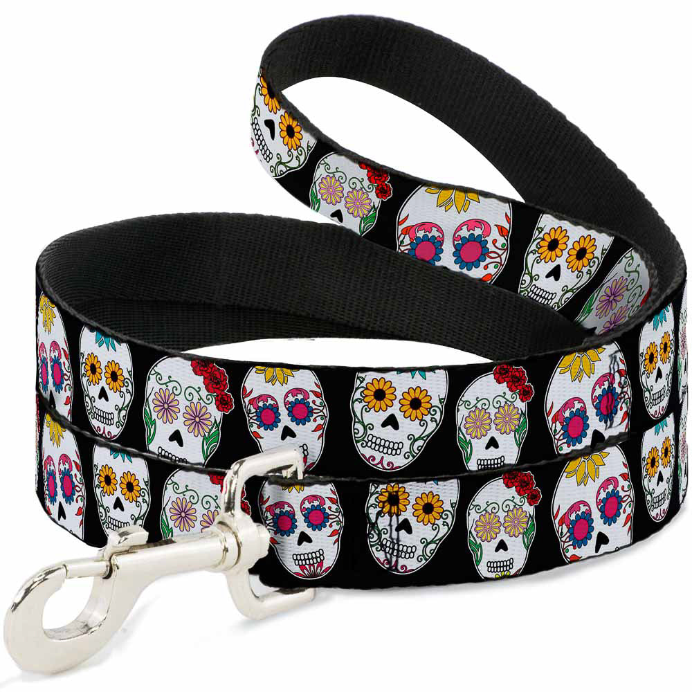 Dog Leash - Sugar Skull Outline Black/Multi Color Dog Leashes Buckle-Down