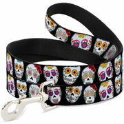 Dog Leash - Sugar Skull Outline Black/Multi Color Dog Leashes Buckle-Down