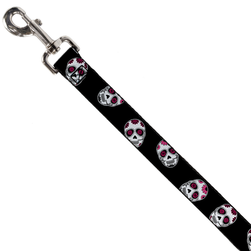 Dog Leash - Sugar Skulls Scattered Black/White/Fuchsia Dog Leashes Buckle-Down