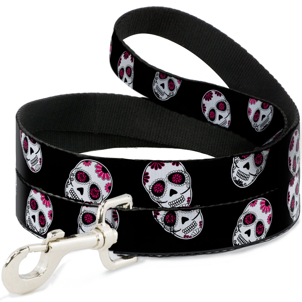 Dog Leash - Sugar Skulls Scattered Black/White/Fuchsia Dog Leashes Buckle-Down