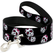Dog Leash - Sugar Skulls Scattered Black/White/Fuchsia Dog Leashes Buckle-Down
