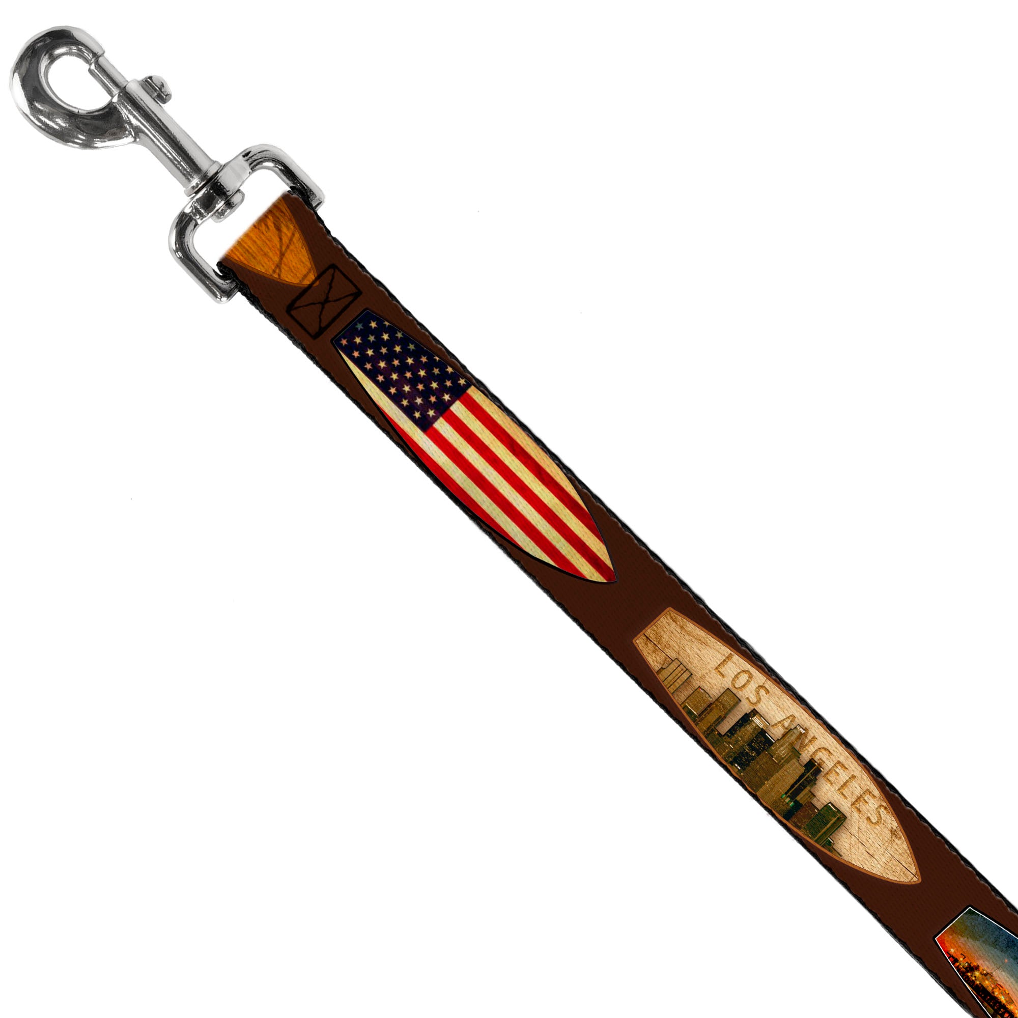 Dog Leash - Surfboard Cali Scenes/US Flag Brown Dog Leashes Buckle-Down