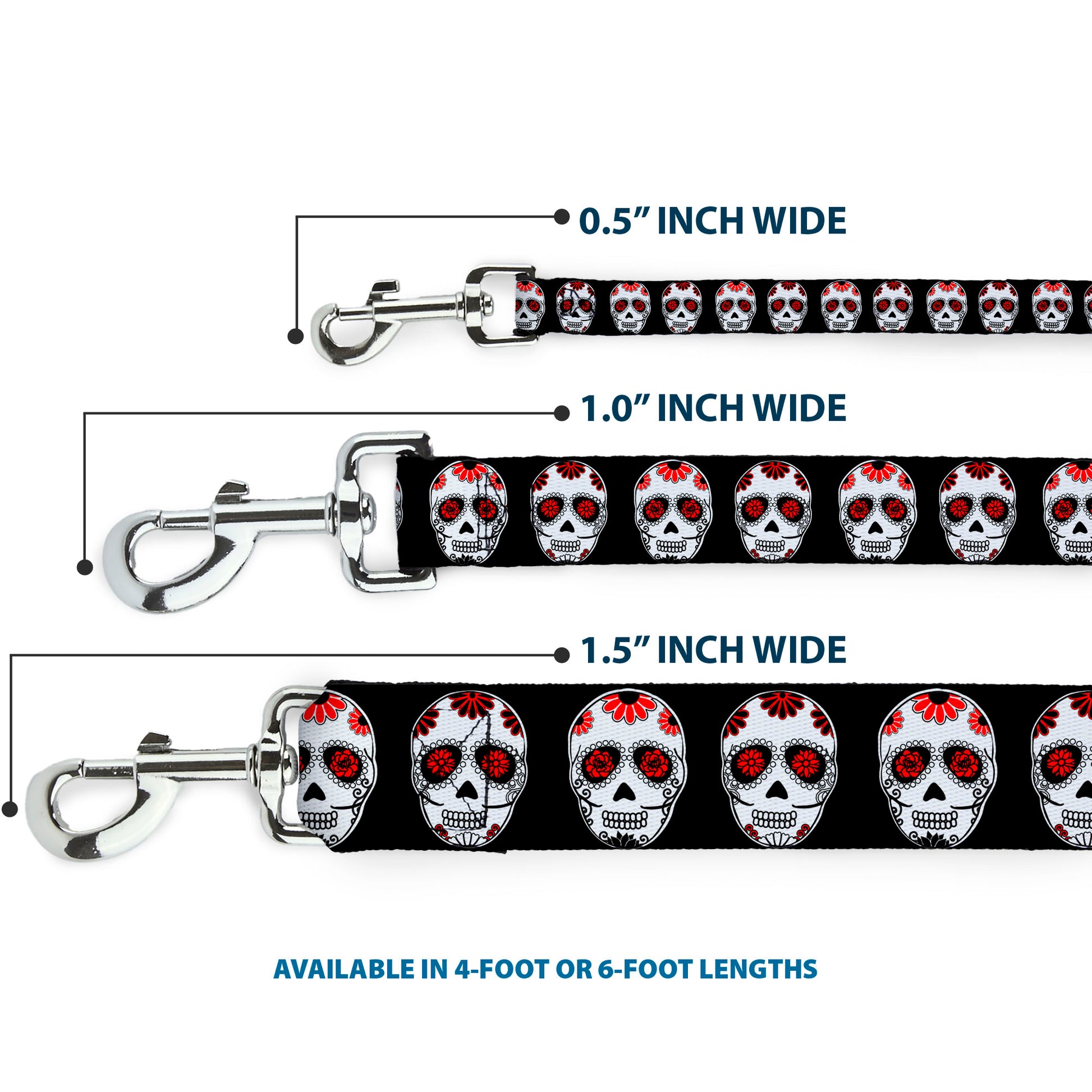 Dog Leash - Sugar Skulls Black/White/Red Dog Leashes Buckle-Down