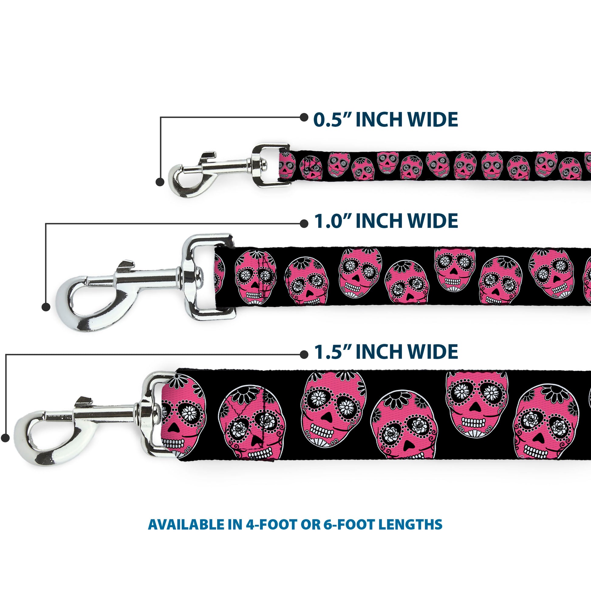 Dog Leash - Sugar Skulls Black/White/Fuchsia Dog Leashes Buckle-Down