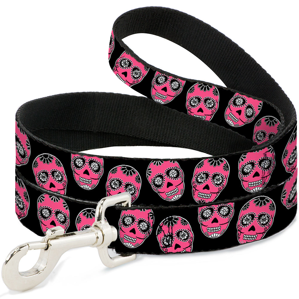 Dog Leash - Sugar Skulls Black/White/Fuchsia Dog Leashes Buckle-Down