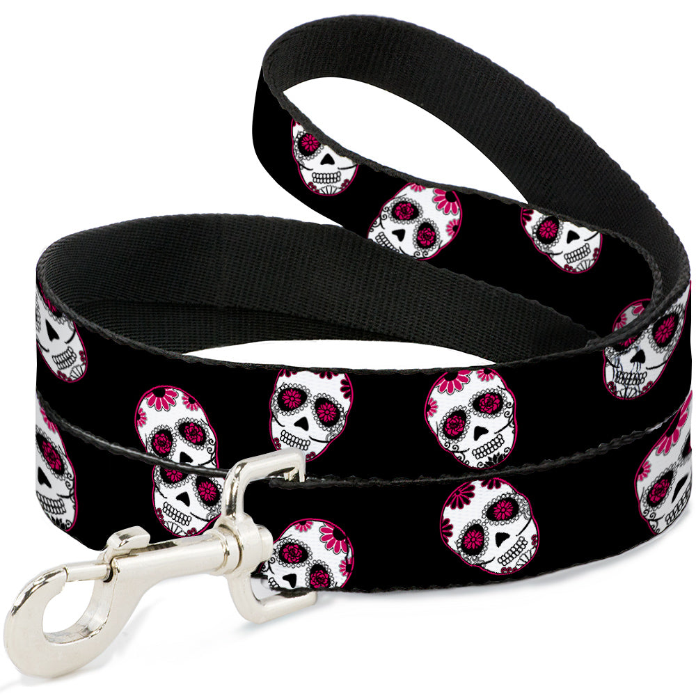 Dog Leash - Staggered Sugar Skulls Black/Pink/White Dog Leashes Buckle-Down
