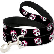 Dog Leash - Staggered Sugar Skulls Black/Pink/White Dog Leashes Buckle-Down