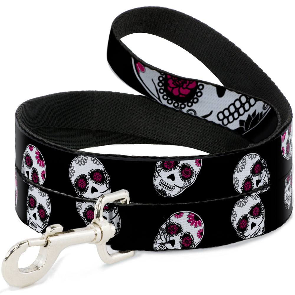 Dog Leash - Staggered Sugar Skulls Black/White/Pink Dog Leashes Buckle-Down