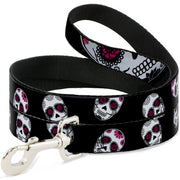 Dog Leash - Staggered Sugar Skulls Black/White/Pink Dog Leashes Buckle-Down