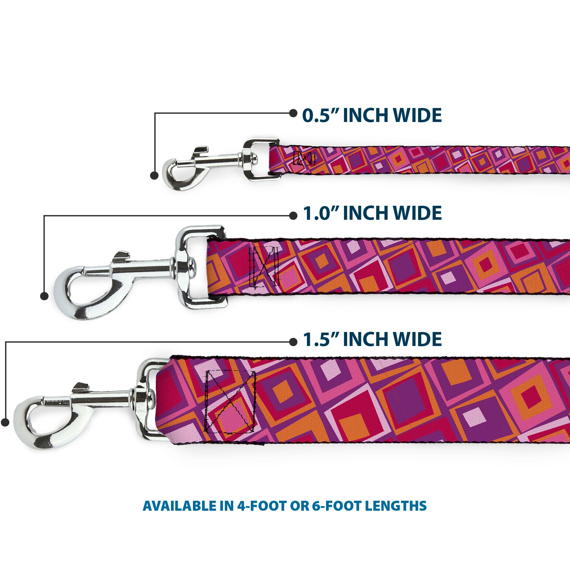 Dog Leash - Skewed Squares Stacked Purple/Orange/Pinks Dog Leashes Buckle-Down
