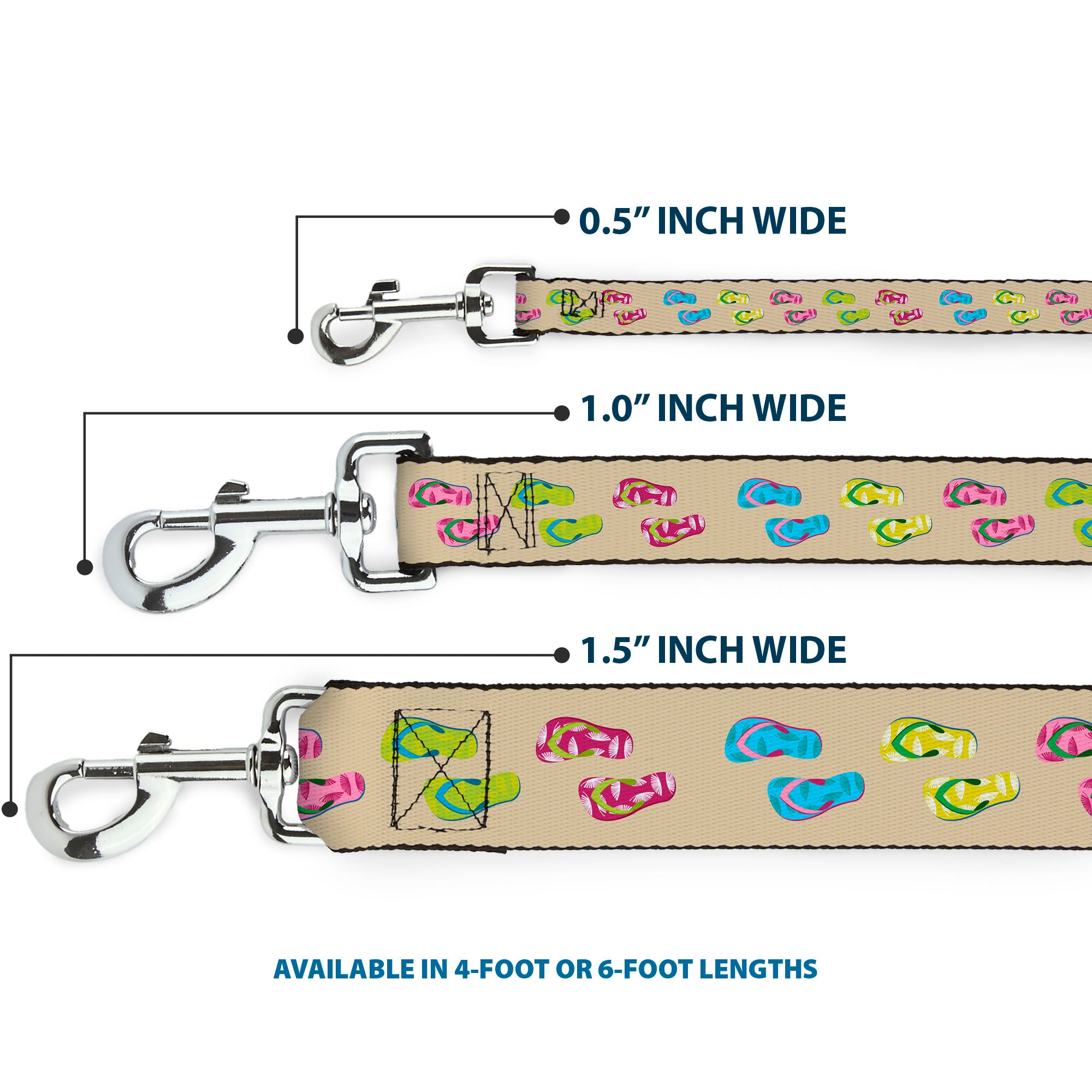 Dog Leash - Tropical Flip Flops Tan/Multi Color Dog Leashes Buckle-Down