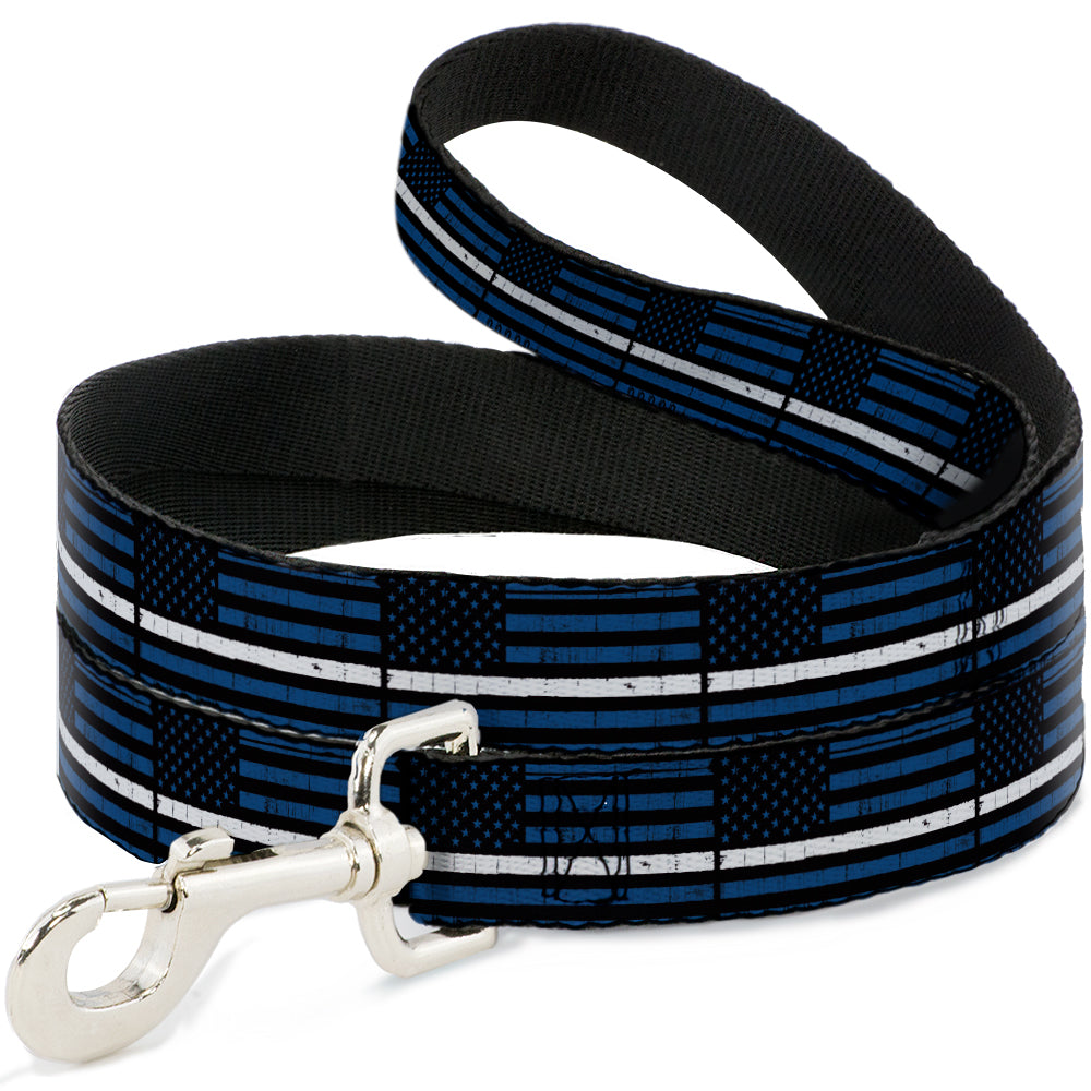 Dog Leash - Thin White Line Flag Weathered Black/Blue/White Dog Leashes Buckle-Down