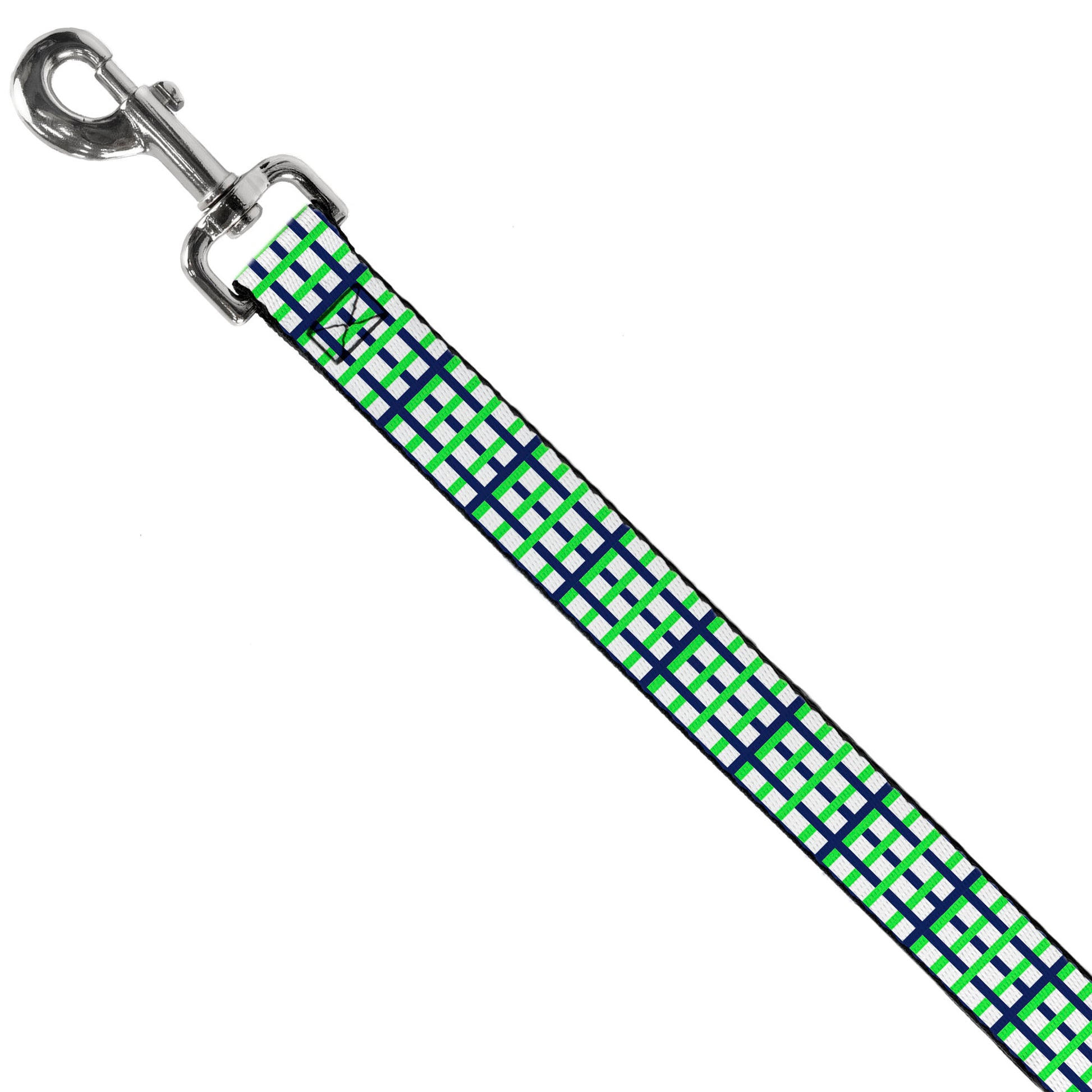 Dog Leash - Basketweave Plaid White/Navy/Bright Green Dog Leashes Buckle-Down