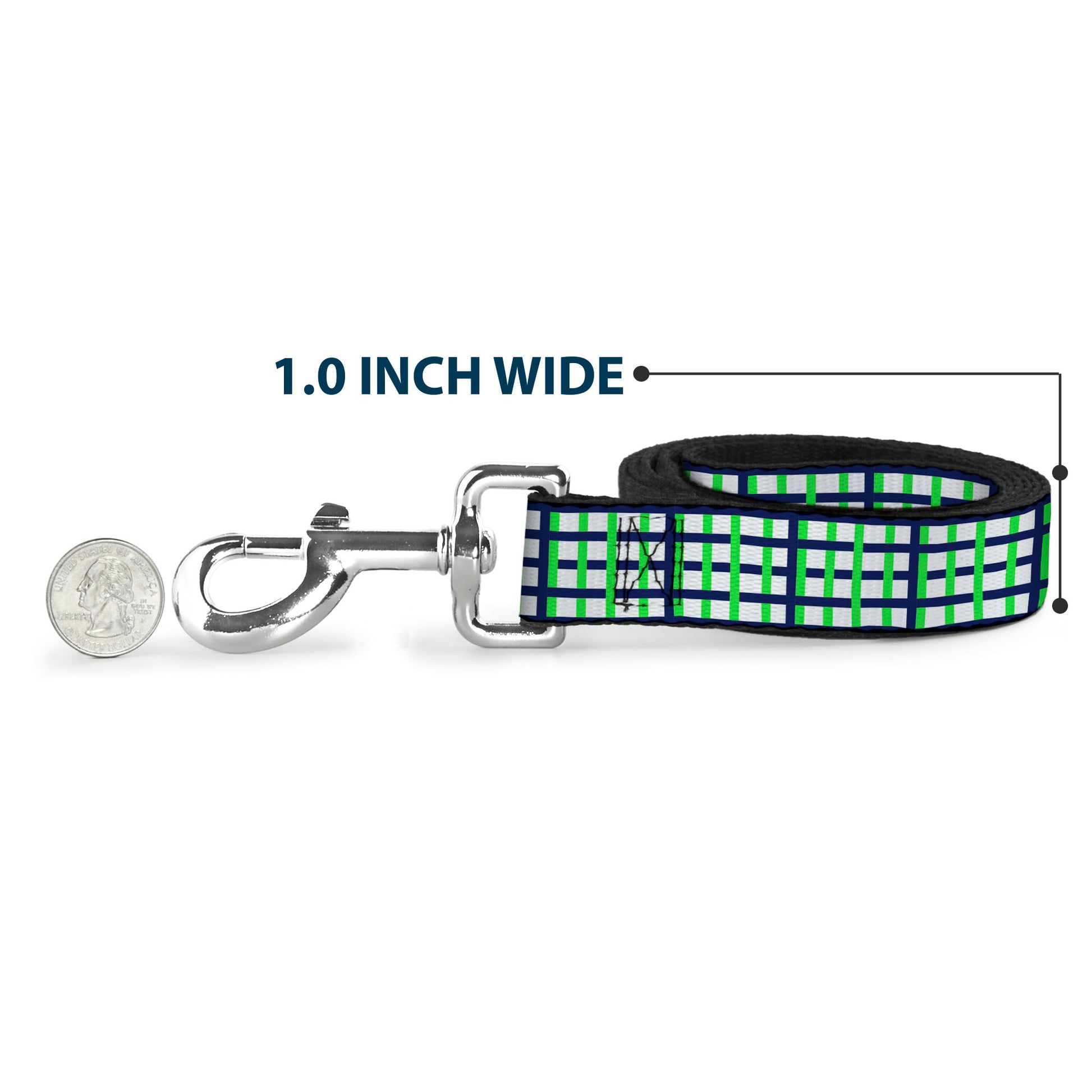 Dog Leash - Basketweave Plaid White/Navy/Bright Green Dog Leashes Buckle-Down