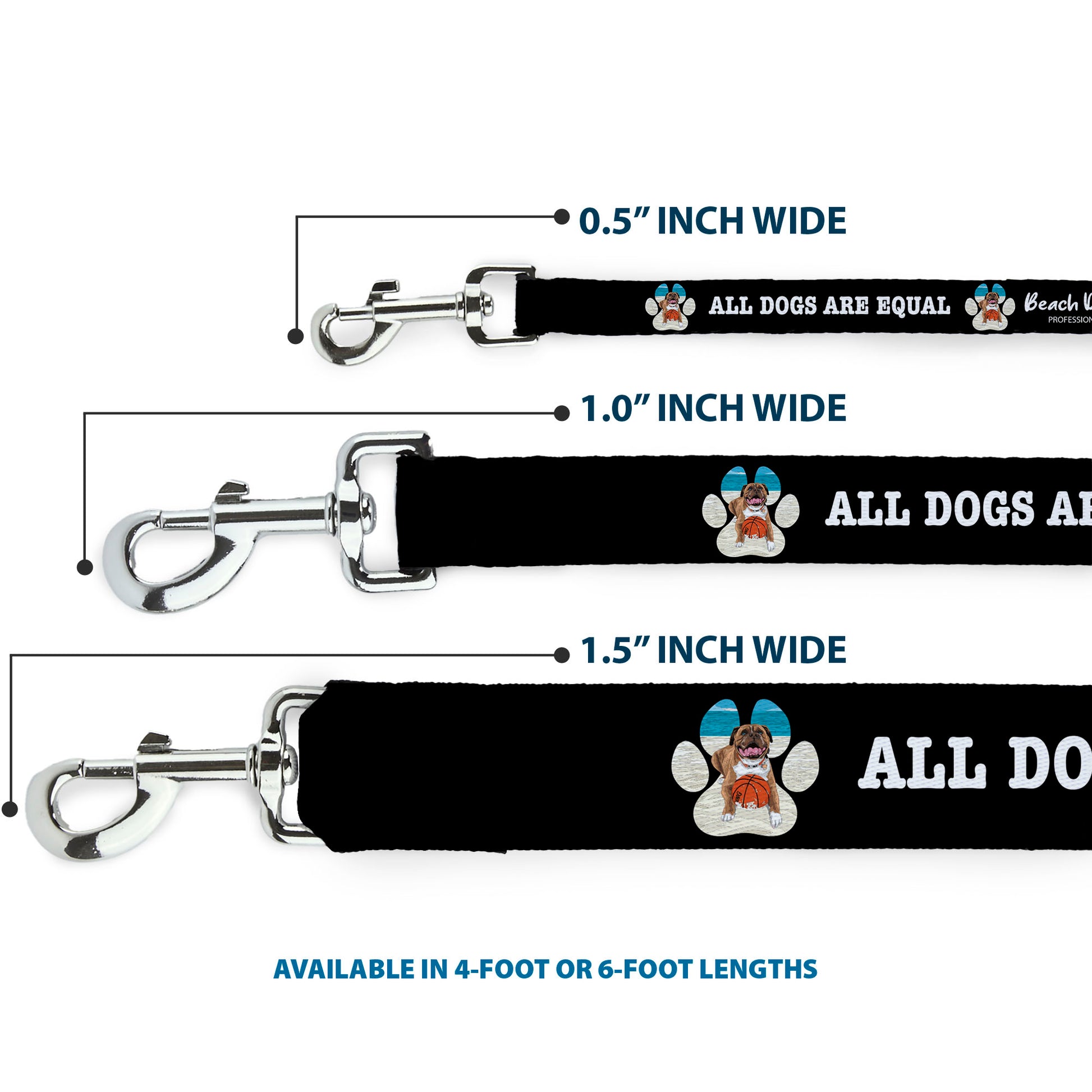 Dog Leash - BEACH DAWG CARE ALL DOGS ARE EQUAL Black/White Dog Leashes Buckle-Down