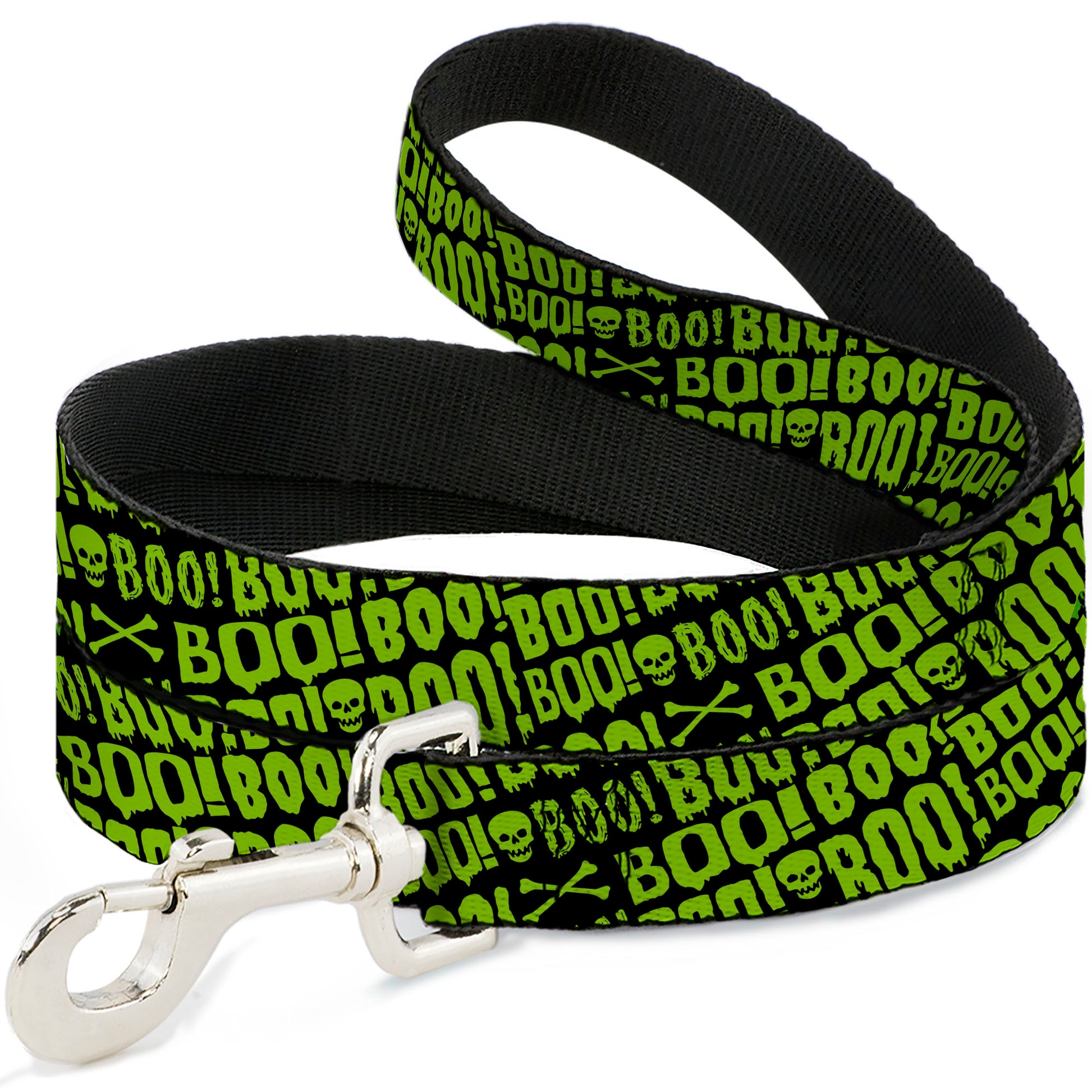 Dog Leash - BOO Text Skull and Crossbones Black/Green Dog Leashes Buckle-Down