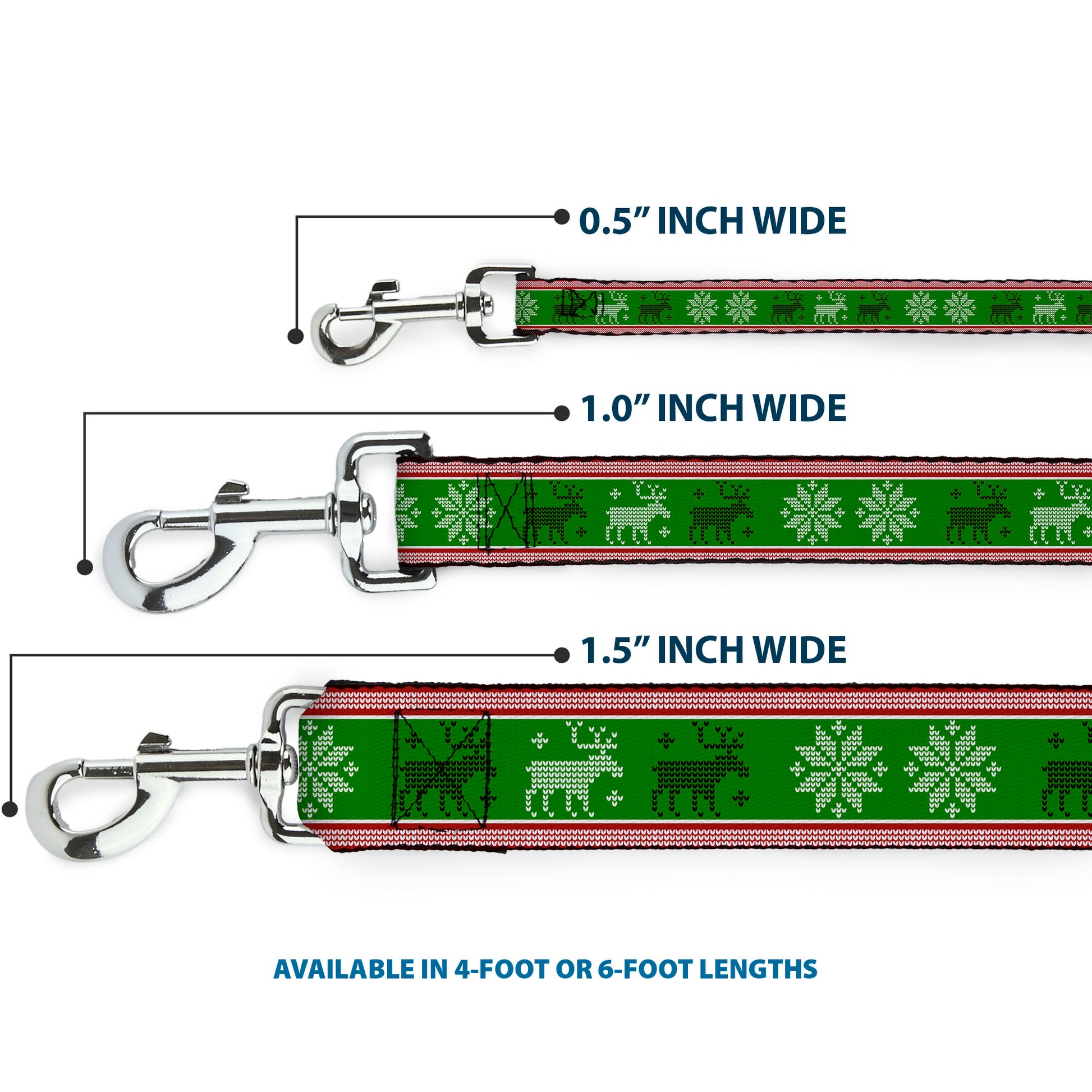 Dog Leash - Christmas Stitch Moose/Snowflakes Red/Green Dog Leashes Buckle-Down