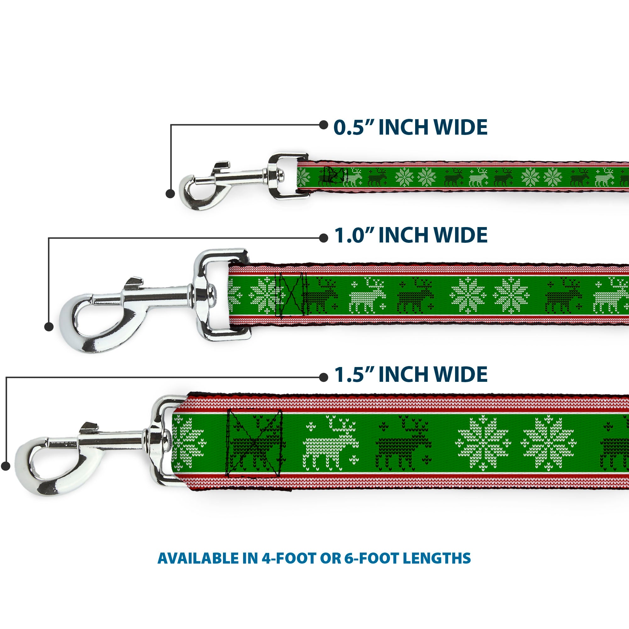 Dog Leash - Christmas Stitch Moose/Snowflakes Red/Green Dog Leashes Buckle-Down