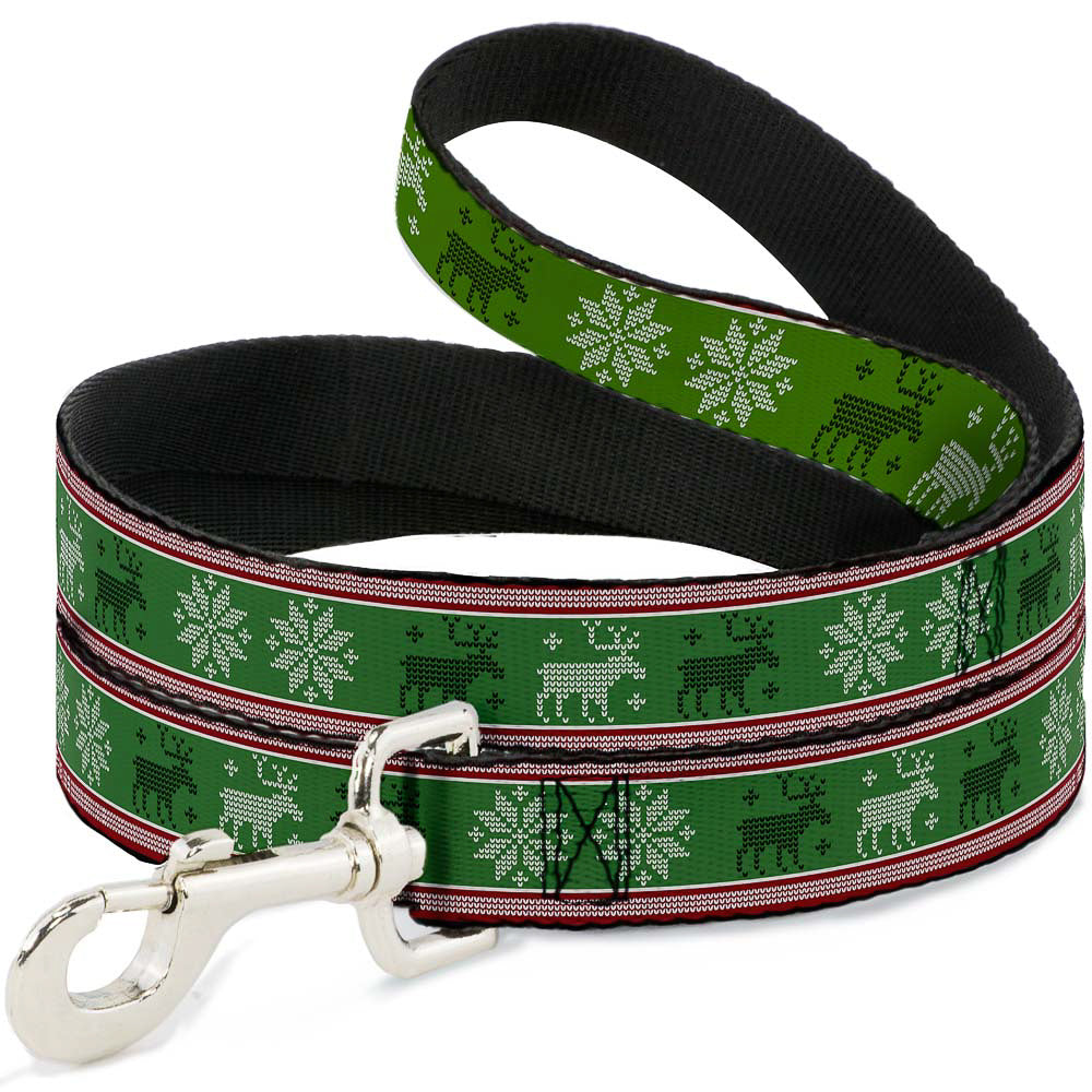 Dog Leash - Christmas Stitch Moose/Snowflakes Red/Green Dog Leashes Buckle-Down