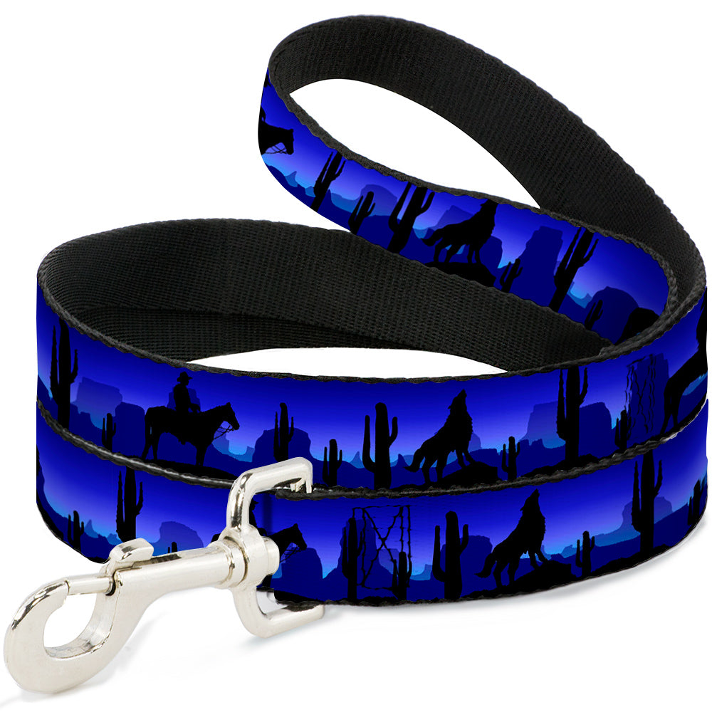 Dog Leash - Cowboy/Coyote Silhouettes/Western Landscape Blues/Black Dog Leashes Buckle-Down