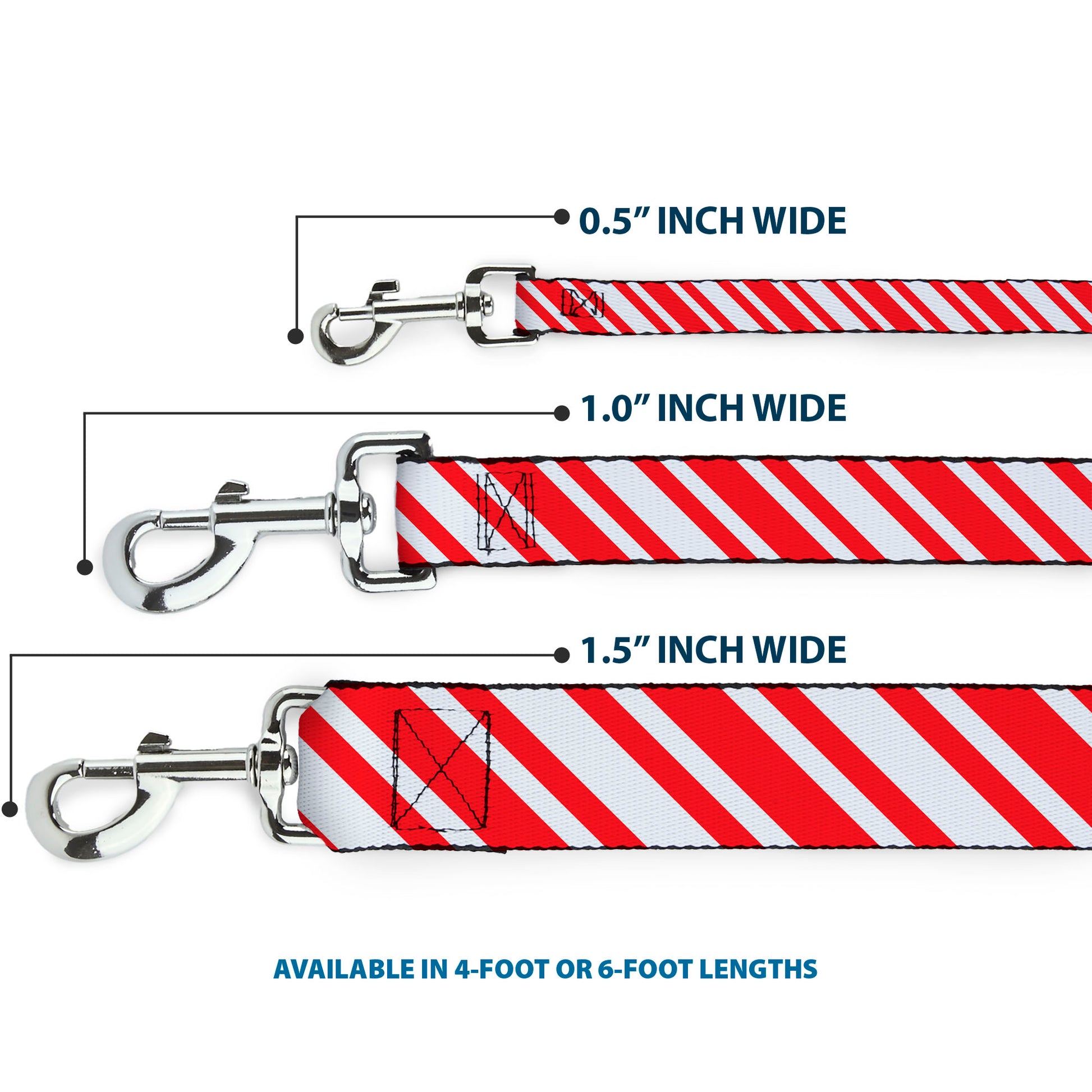 Dog Leash - Candy Cane3 Stripe White/3-Red Dog Leashes Buckle-Down