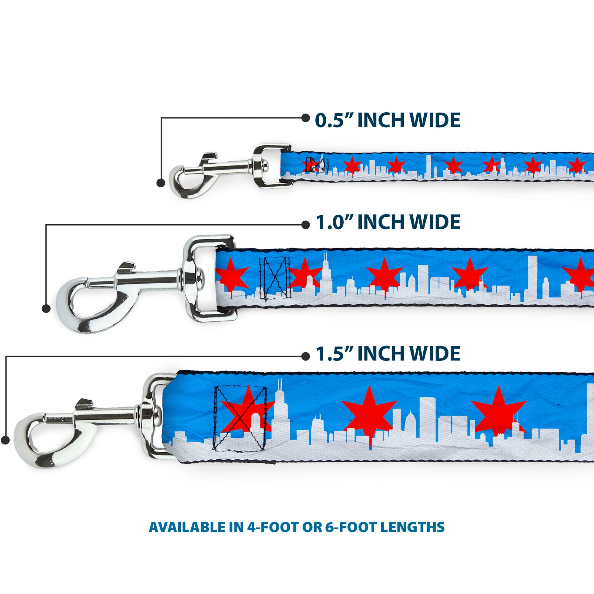Dog Leash - Chicago Skyline/Flag Distressed Black/White/Red Dog Leashes Buckle-Down