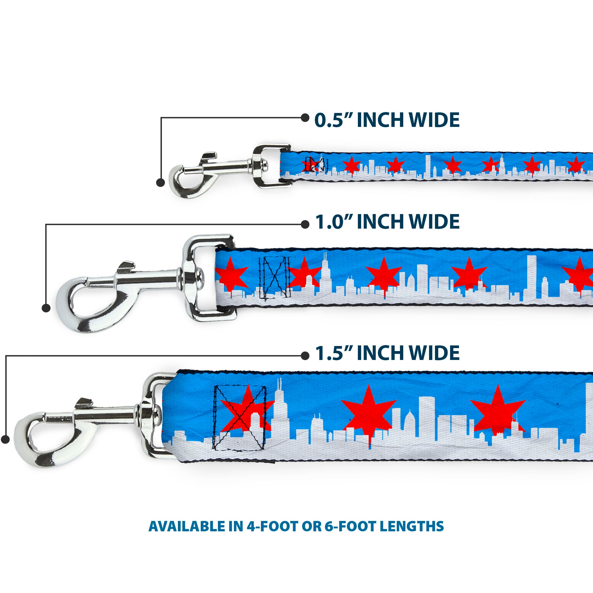 Dog Leash - Chicago Skyline/Flag Distressed Black/White/Red Dog Leashes Buckle-Down