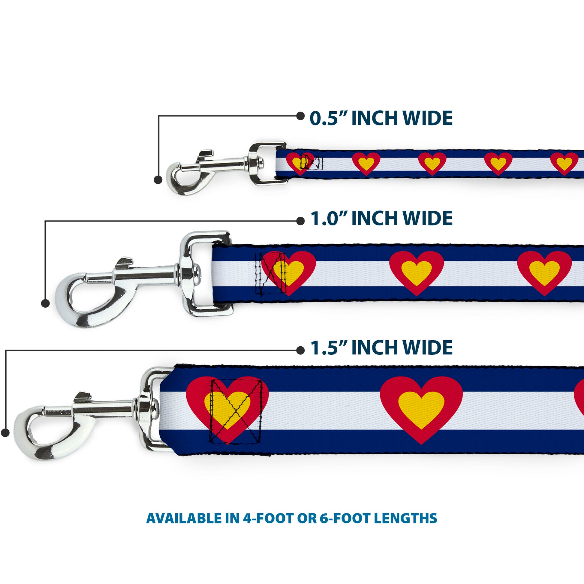 Dog Leash - Colorado Heart Blue/White/Red/Yellow Dog Leashes Buckle-Down