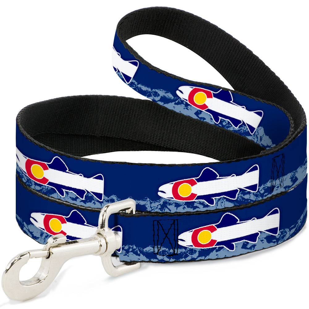 Dog Leash - Colorado Trout Flag/Snowy Mountains Blues/White/Red/Yellow Dog Leashes Buckle-Down