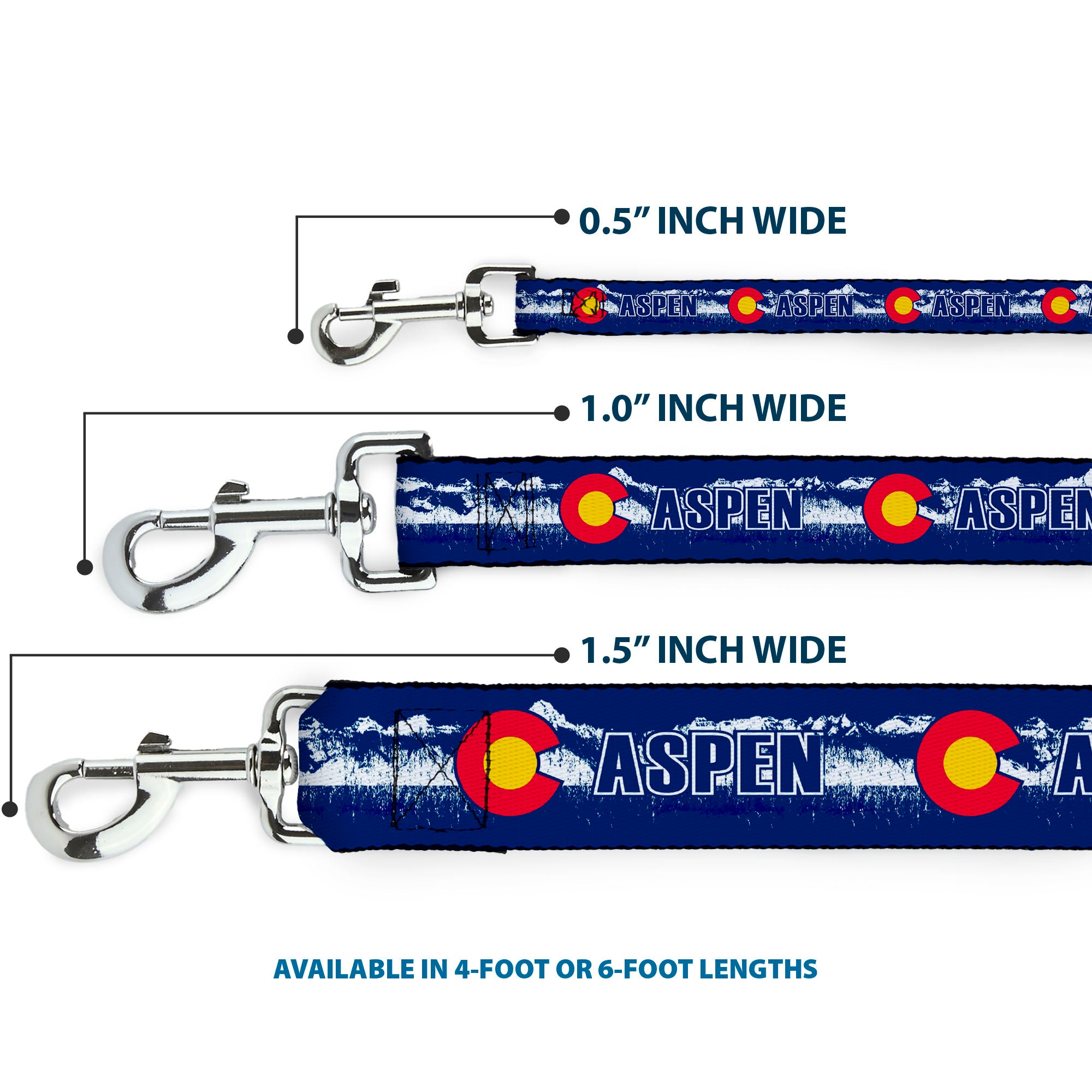 Dog Leash - Colorado ASPEN Flag/Snowy Mountains Weathered2 Blue/White/Red/Yellows Dog Leashes Buckle-Down
