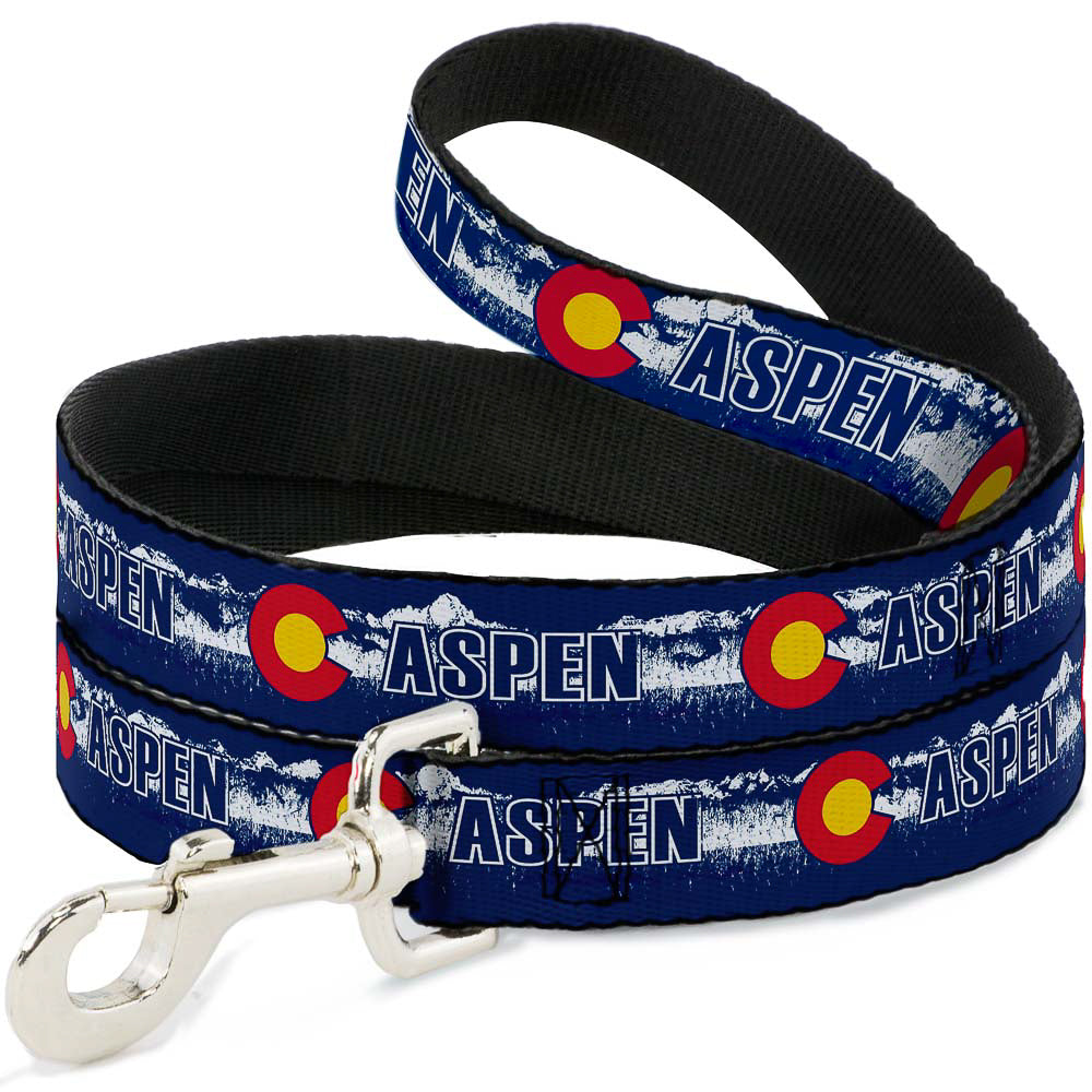 Dog Leash - Colorado ASPEN Flag/Snowy Mountains Weathered2 Blue/White/Red/Yellows Dog Leashes Buckle-Down