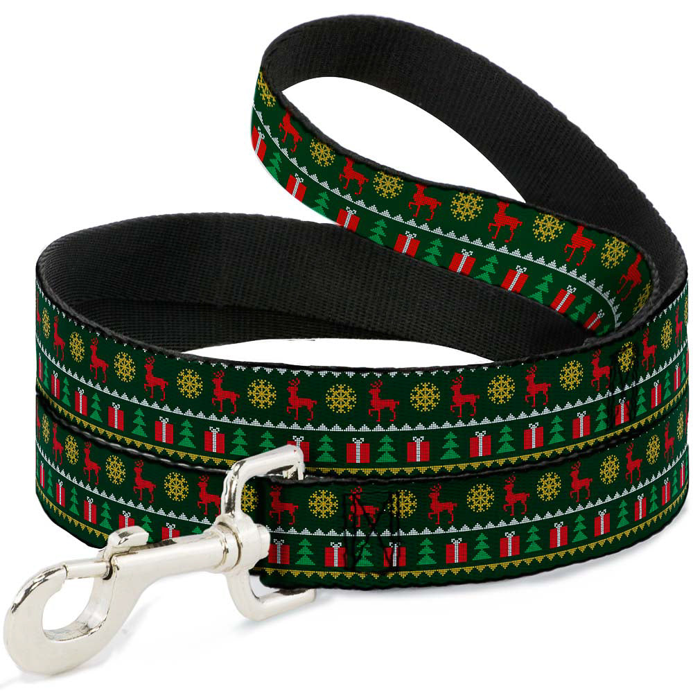 Dog Leash - Christmas Sweater Stitch Green White Gold Red Dog Leashes Buckle-Down