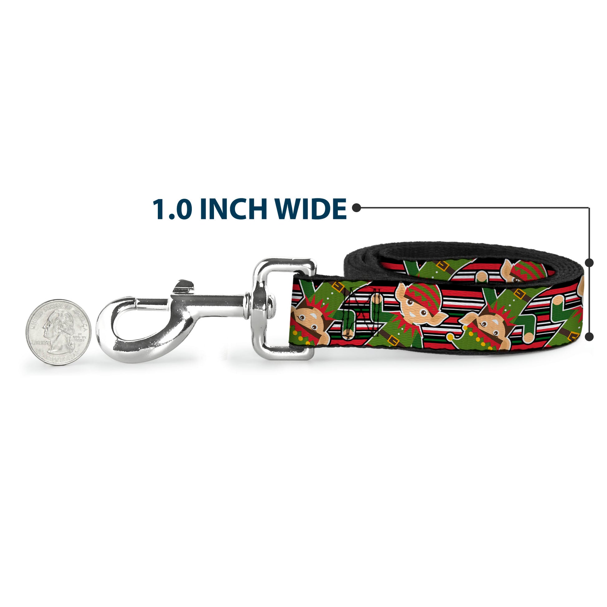 Dog Leash - Christmas Elves/Stripes Black/Red/White/Green Dog Leashes Buckle-Down