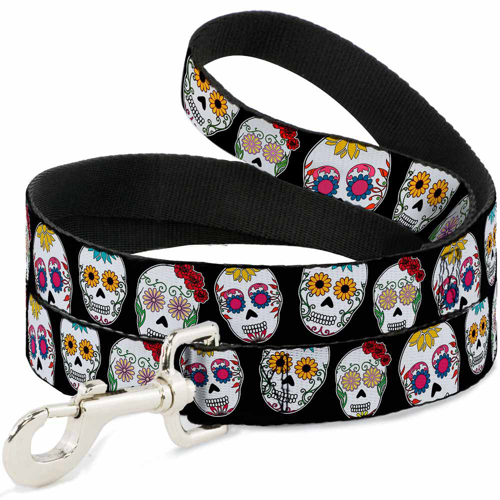 Dog Leash - Staggered Sugar Skulls CLOSE-UP Black/Multi Color Dog Leashes Buckle-Down