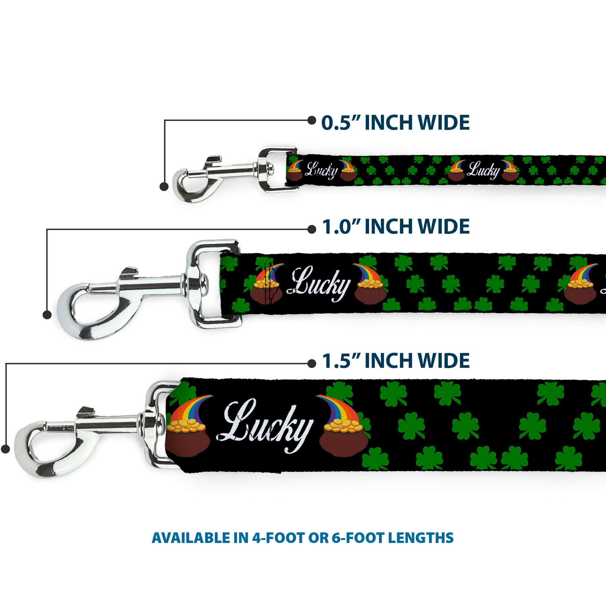 Dog Leash - St. Pat's LUCKY Pot of Gold/Shamrocks Scattered Black/Green/White Dog Leashes Buckle-Down