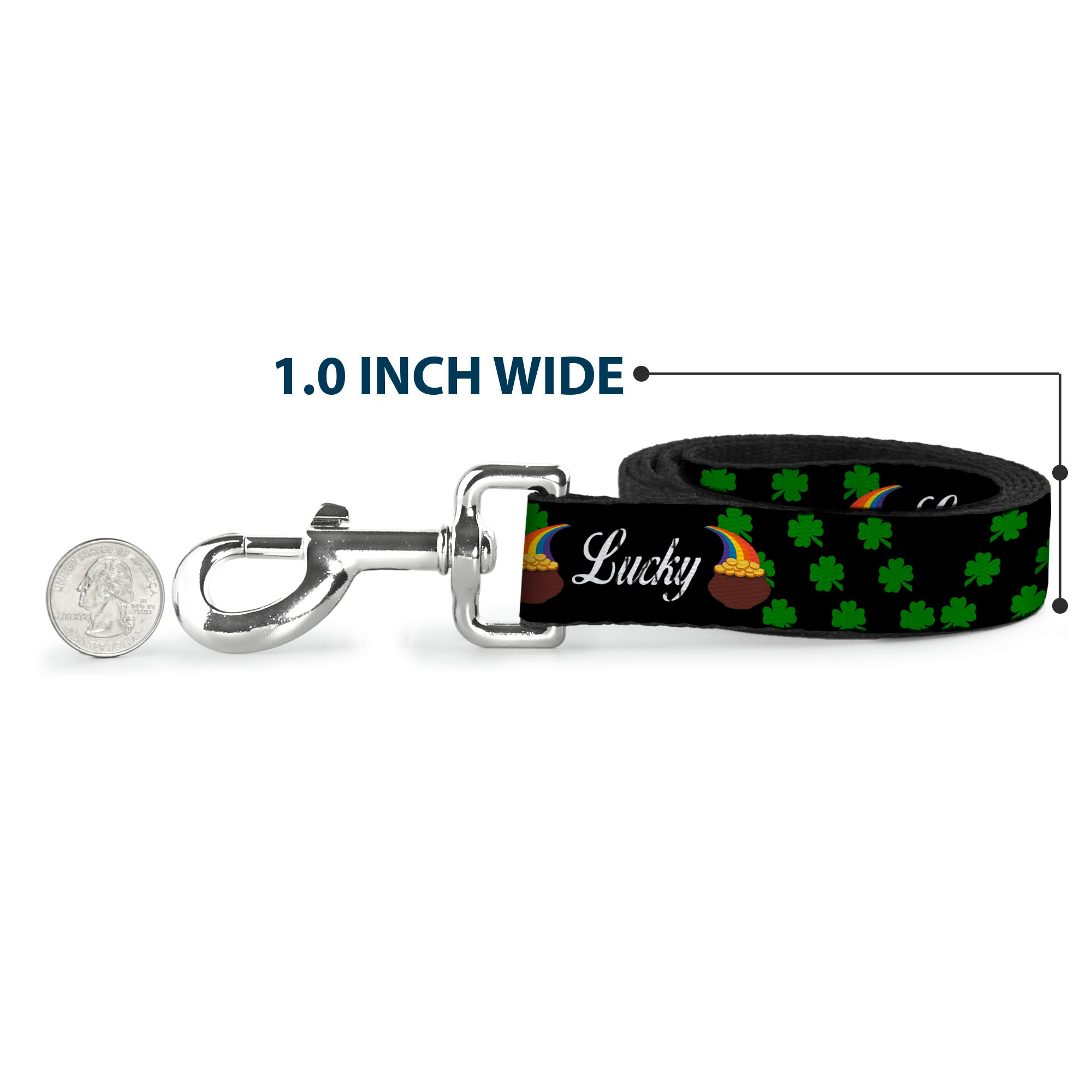 Dog Leash - St. Pat's LUCKY Pot of Gold/Shamrocks Scattered Black/Green/White Dog Leashes Buckle-Down
