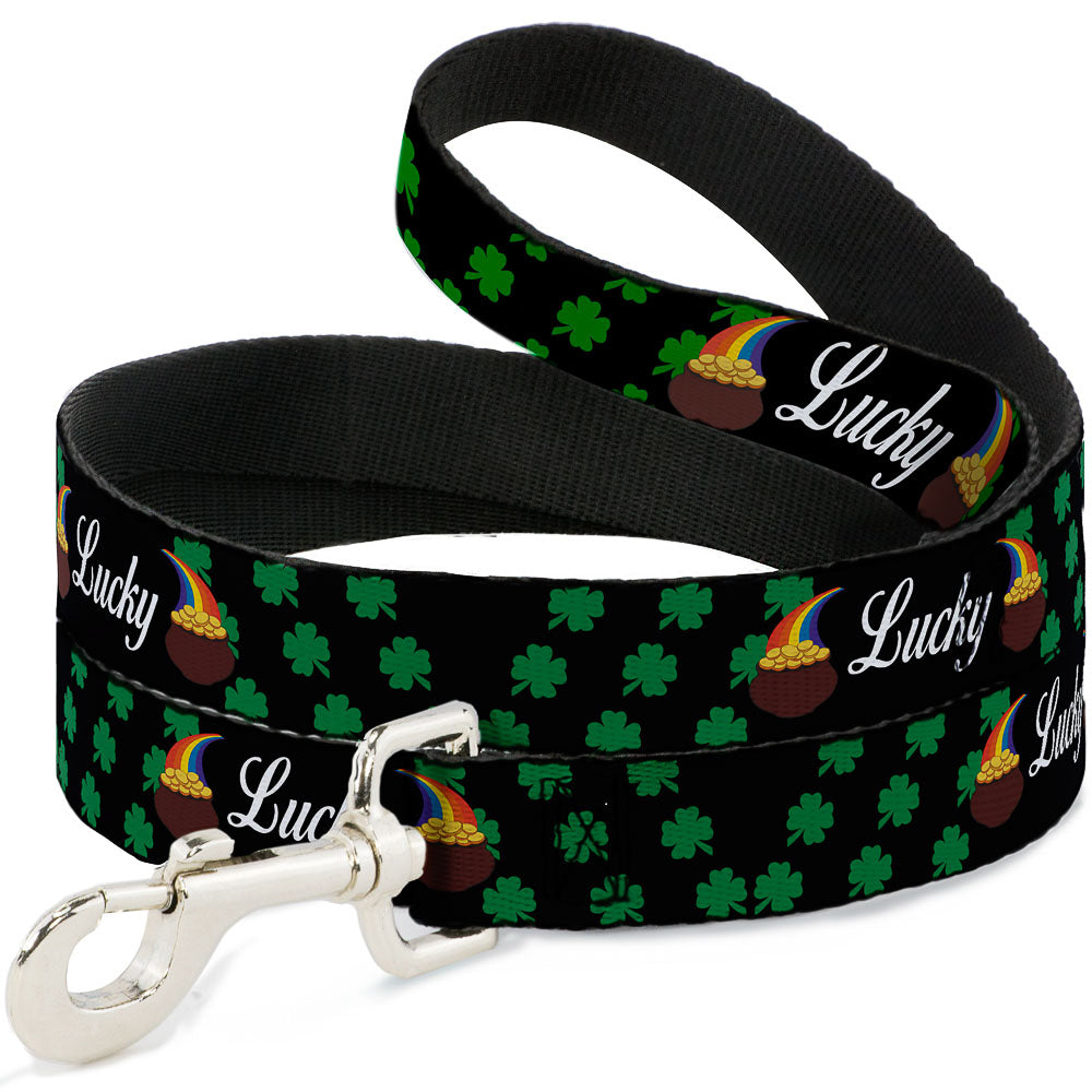 Dog Leash - St. Pat's LUCKY Pot of Gold/Shamrocks Scattered Black/Green/White Dog Leashes Buckle-Down