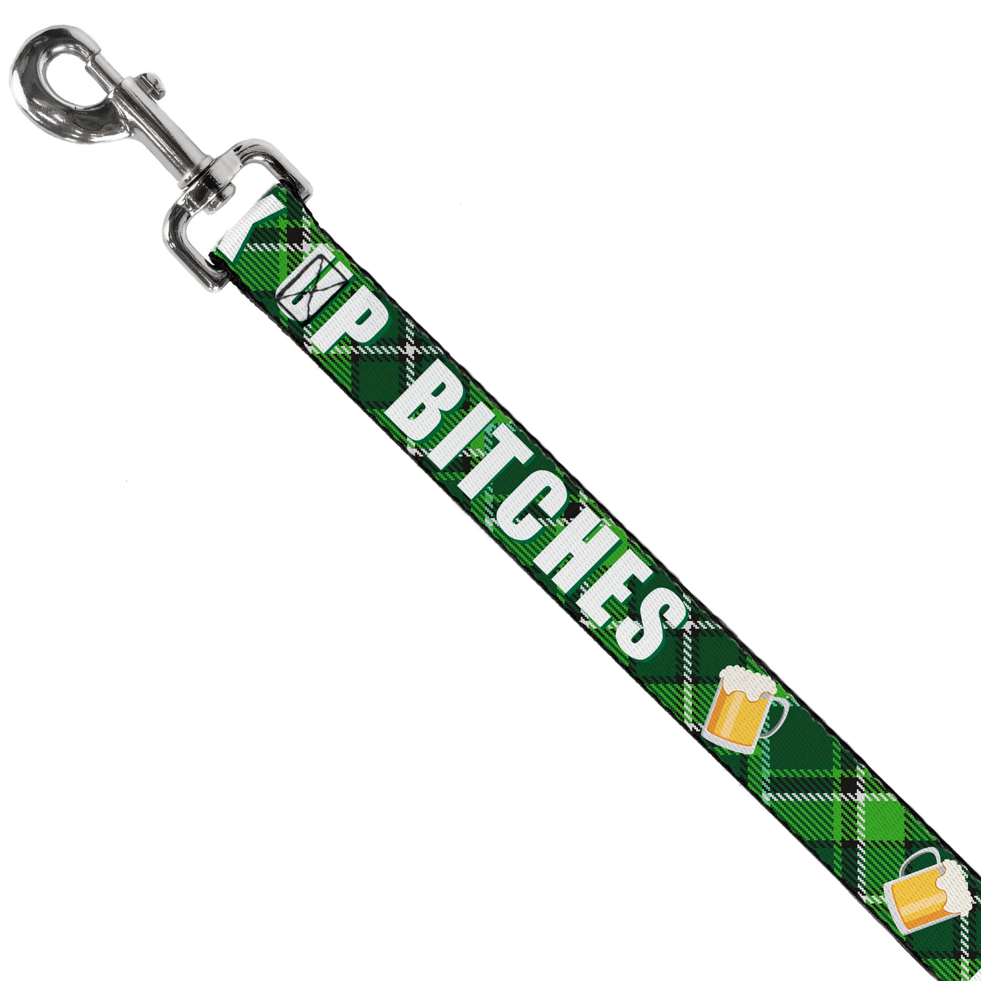 Dog Leash - St. Pat's DRINK UP BITCHES/Beer Mugs/Stacked Shamrocks Greens/White/Gold Dog Leashes Buckle-Down