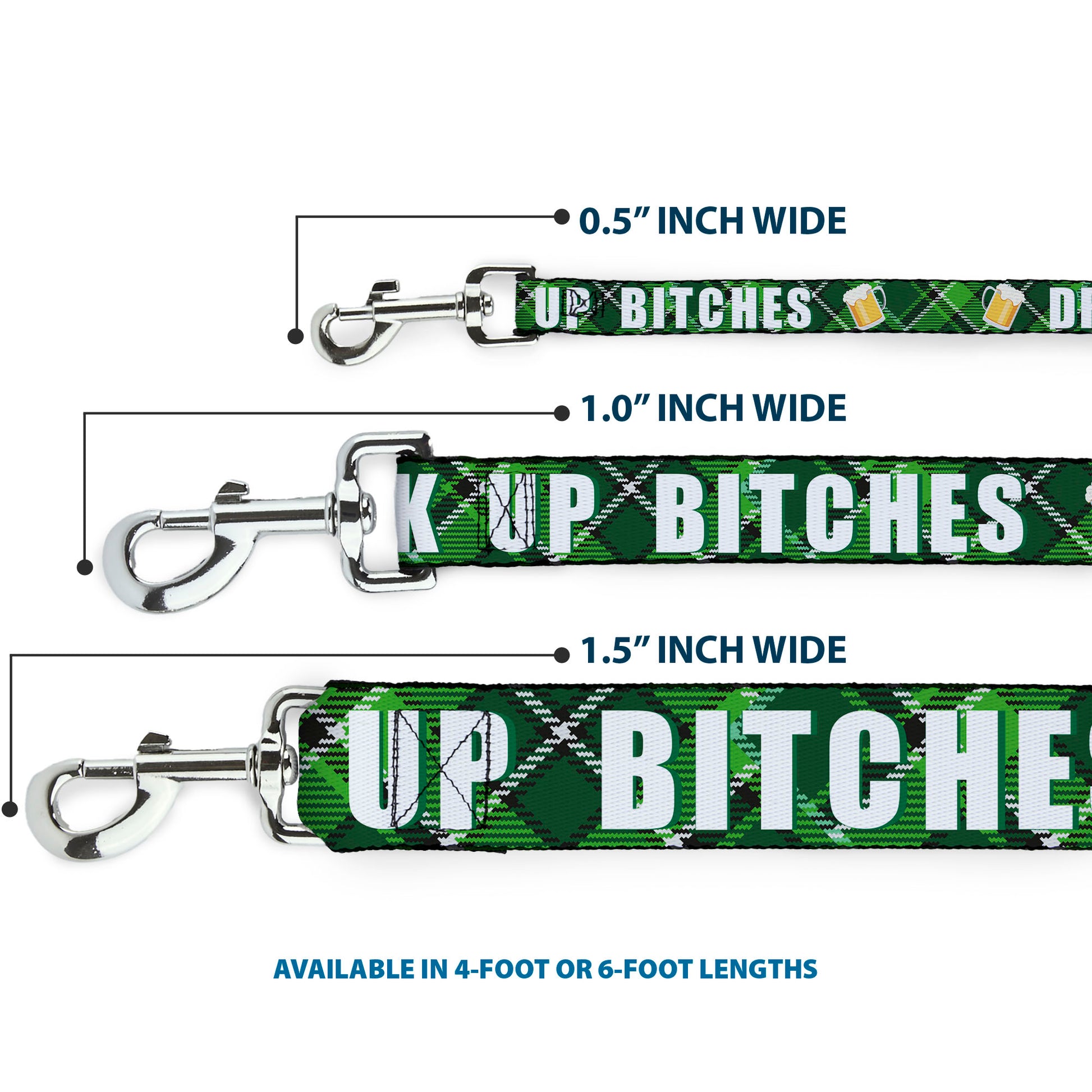 Dog Leash - St. Pat's DRINK UP BITCHES/Beer Mugs/Stacked Shamrocks Greens/White/Gold Dog Leashes Buckle-Down
