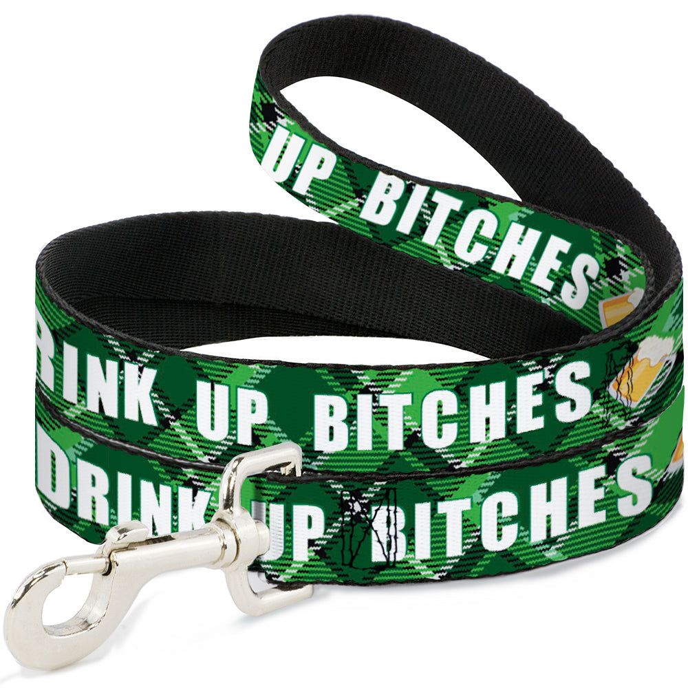 Dog Leash - St. Pat's DRINK UP BITCHES/Beer Mugs/Stacked Shamrocks Greens/White/Gold Dog Leashes Buckle-Down