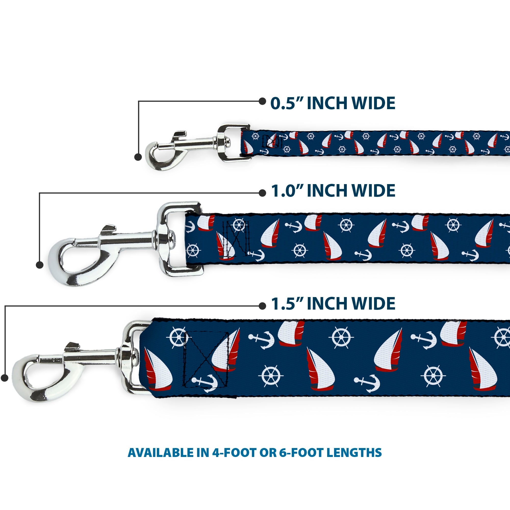 Dog Leash - Sailboat/Anchor/Helm Scattered Navy/White/Red Dog Leashes Buckle-Down